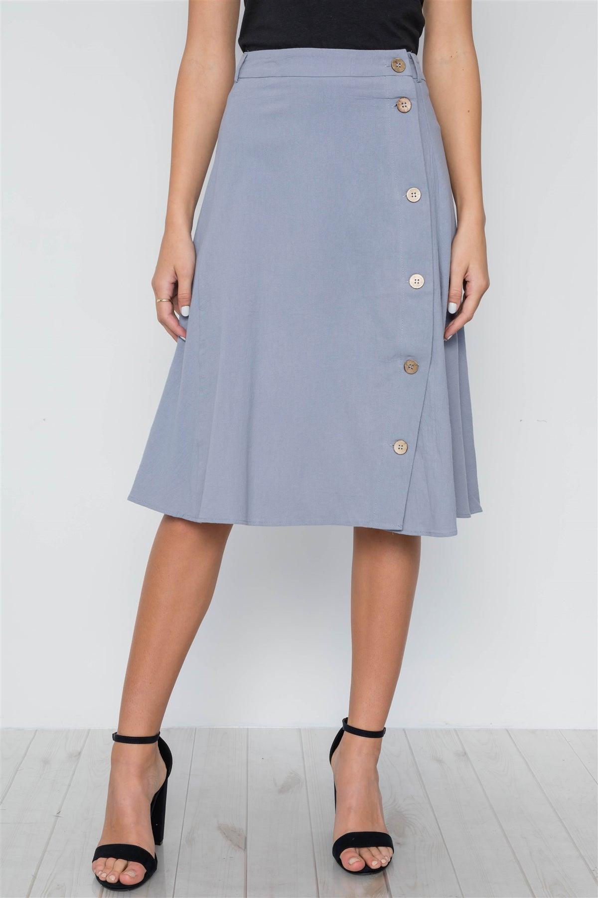 so Blue Solid Side Buttons Midi Skirt /2-2-2