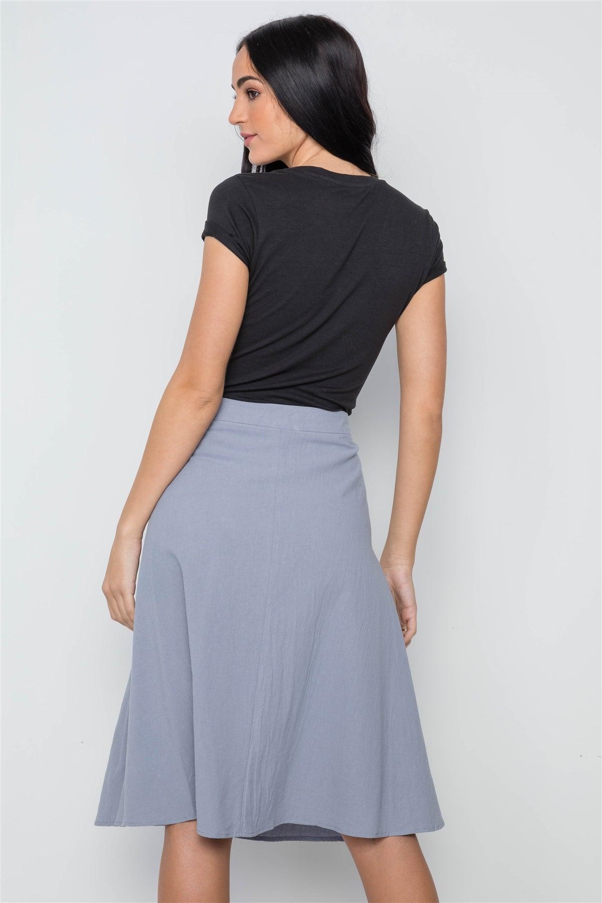 so Blue Solid Side Buttons Midi Skirt /2-2-2