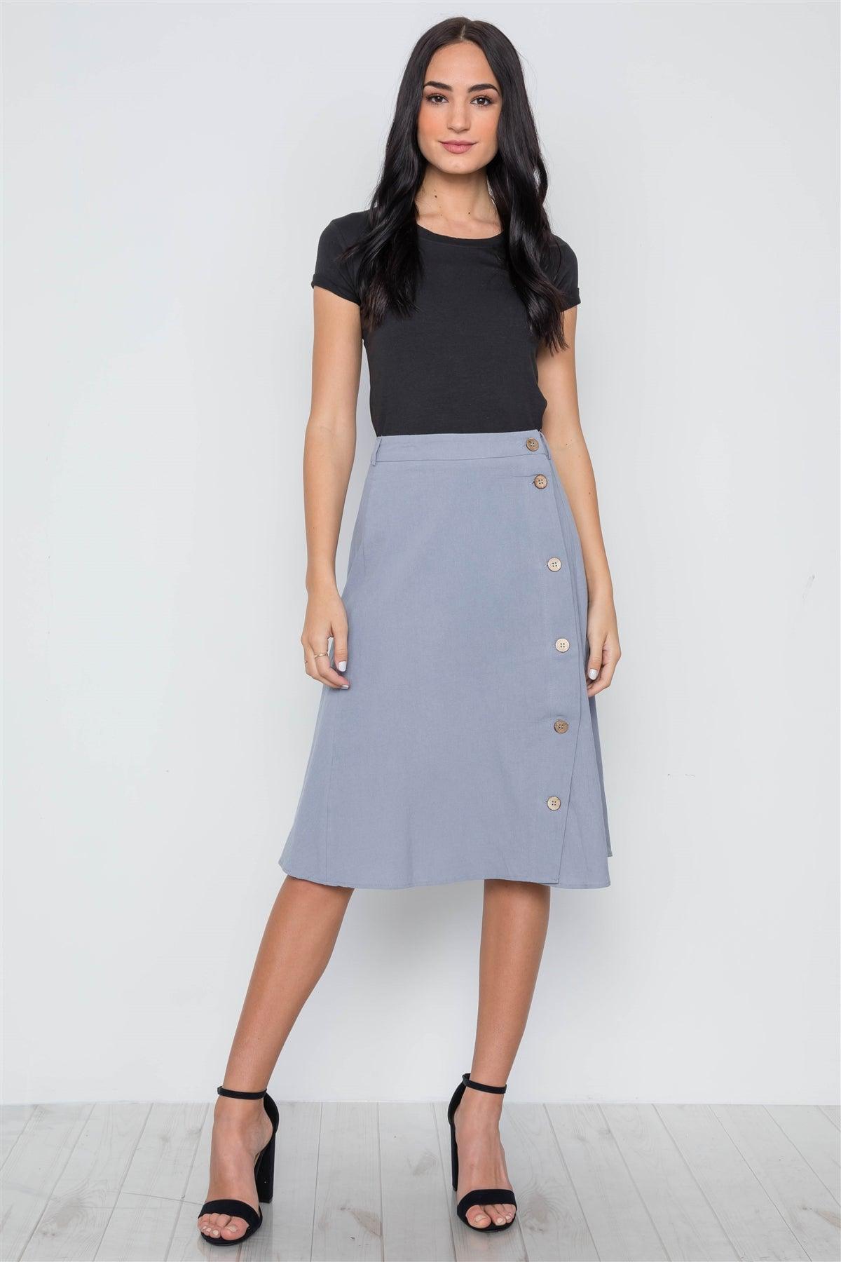 so Blue Solid Side Buttons Midi Skirt /2-2-2