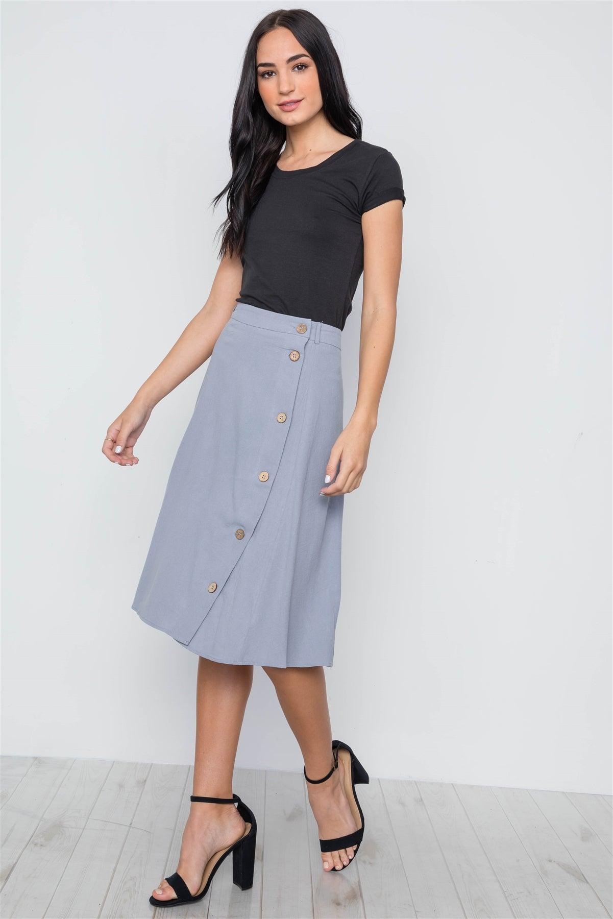 so Blue Solid Side Buttons Midi Skirt /2-2-2