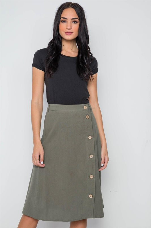 so Olive Solid Side Buttons Midi Skirt /2-2-2