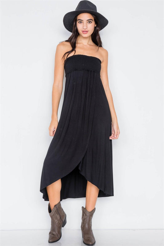 Black Off-The-Shoulder Ruched Tube Top Midi Dress /2-2-2