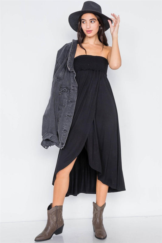 Black Off-The-Shoulder Ruched Tube Top Midi Dress  /2-2-3