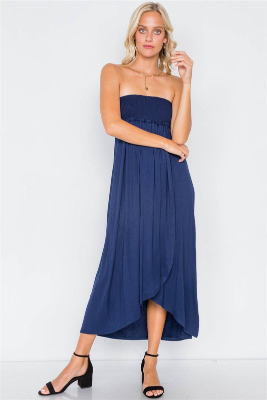 Navy Off-The-Shoulder Ruched Tube Top Midi Dress  /2-2-3