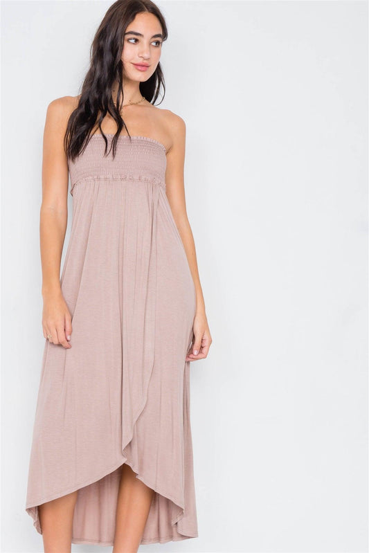 Taupe Off-The-Shoulder Ruched Tube Top Midi Dress /2-2-3