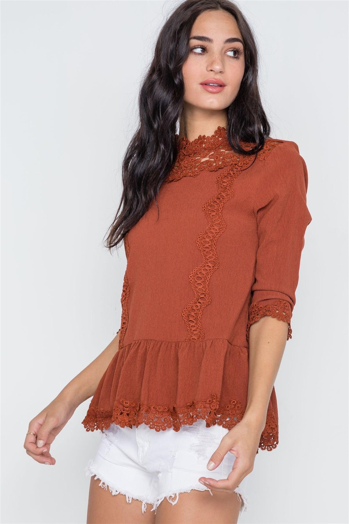 Marsala 3/4 Sleeves Crochet Trim Shirred Hem Top /1-1-1