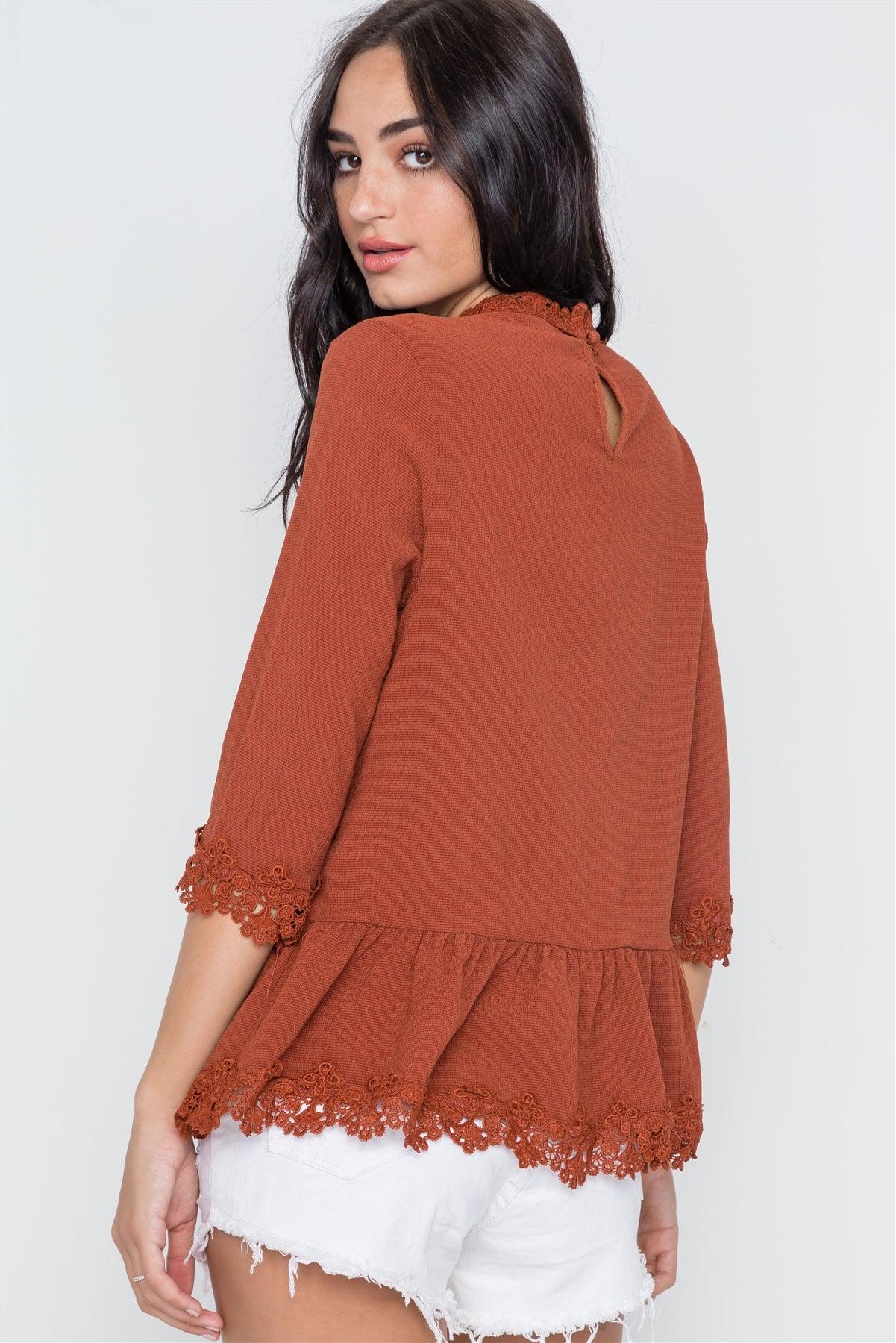 Marsala 3/4 Sleeves Crochet Trim Shirred Hem Top /1-1-1