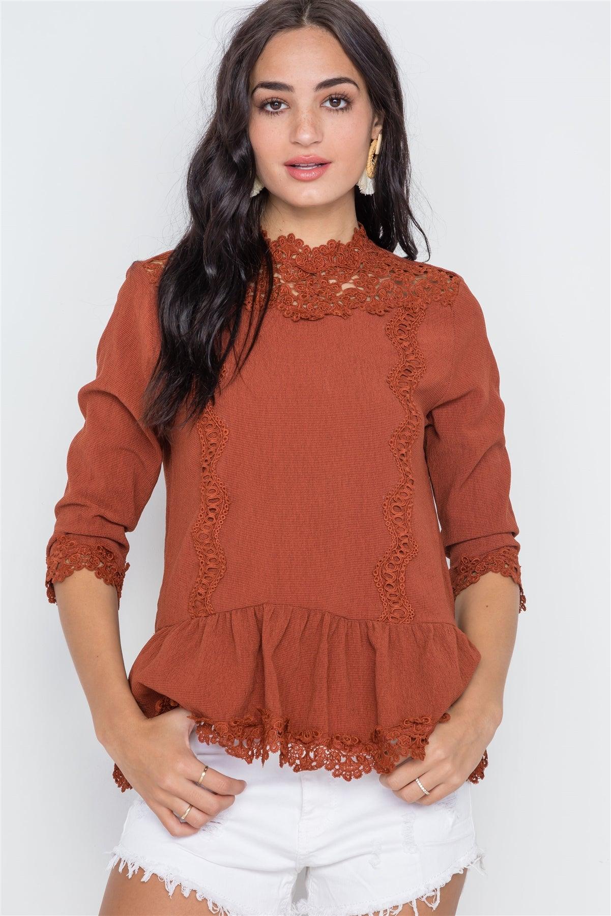 Marsala 3/4 Sleeves Crochet Trim Shirred Hem Top /1-1-1