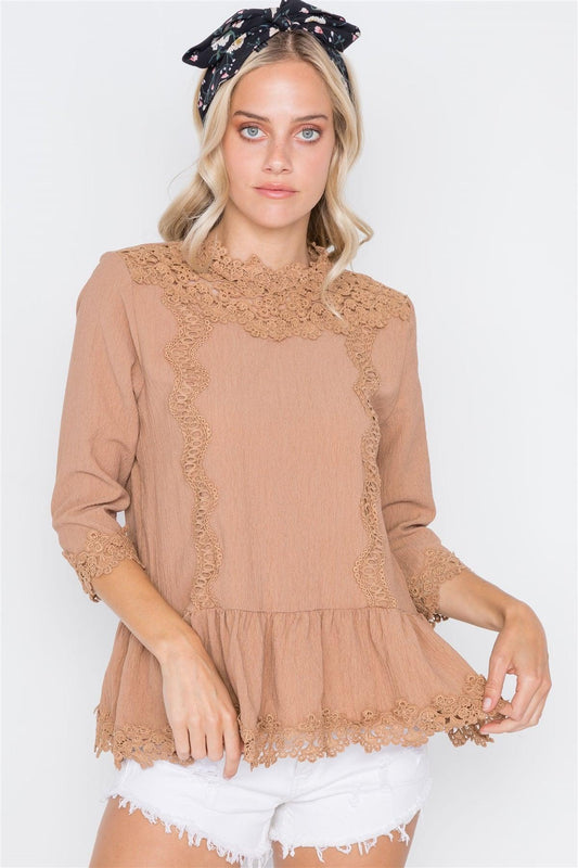 Mocha 3/4 Sleeves Crochet Trim Shirred Hem Top /2-2-2