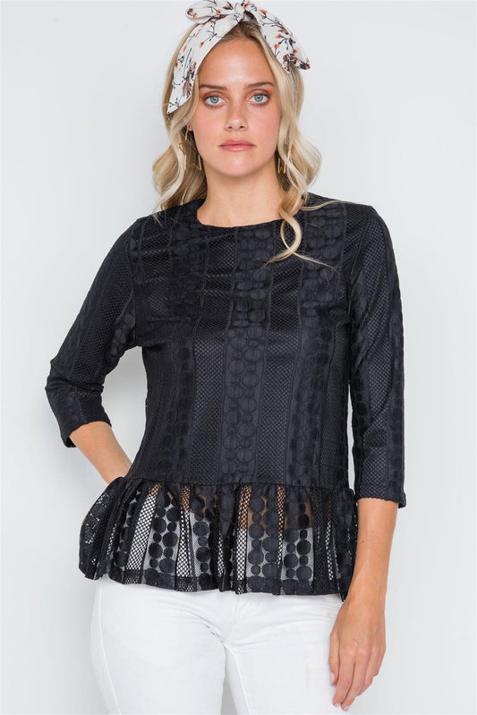 Black 3/4 Sleeve Multi Pattern Shirred Hem Top /2-2-2