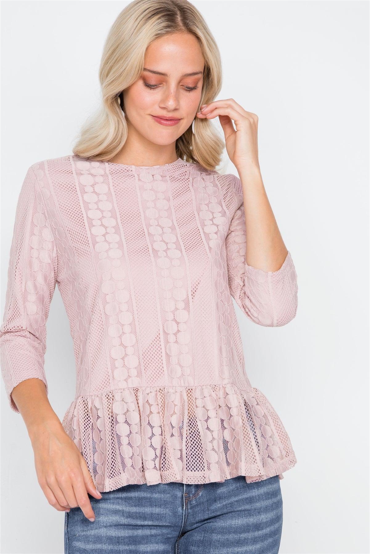 Pink 3/4 Sleeve Multi Pattern Shirred Hem Top /1-2-2