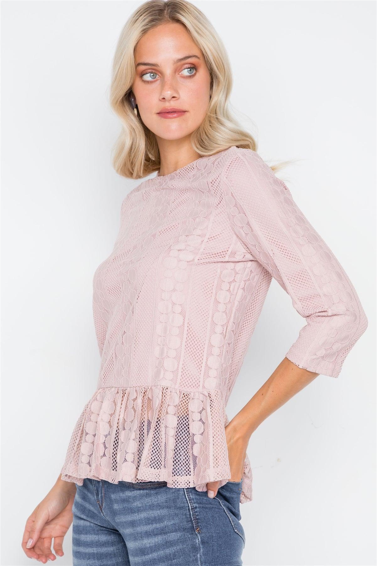 Pink 3/4 Sleeve Multi Pattern Shirred Hem Top /1-2-2