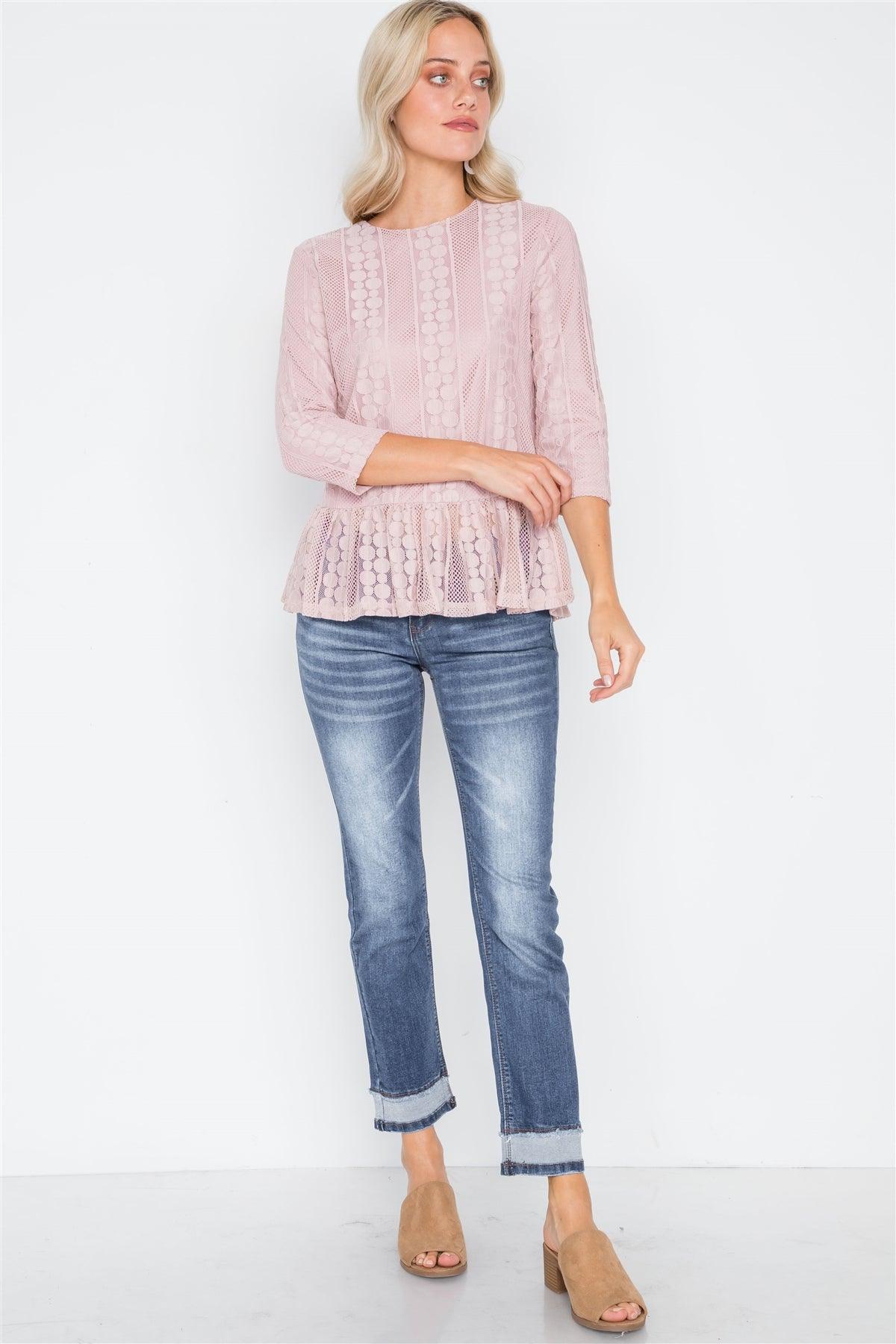 Pink 3/4 Sleeve Multi Pattern Shirred Hem Top /2-2-2