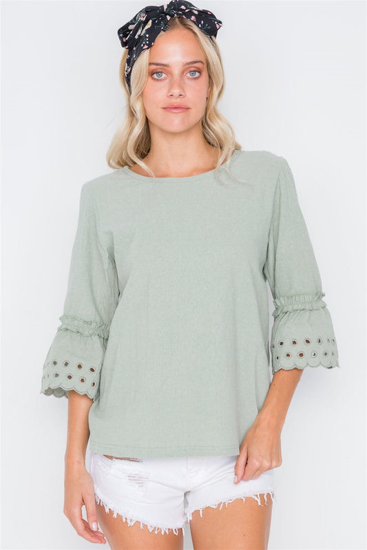 Sage 3/4 Sleeve Geo Embroidery Boho Top /2-2-2