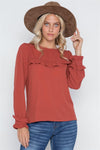 Rust Long Sleeve Ruffle Detail Solid Top /2-2-2