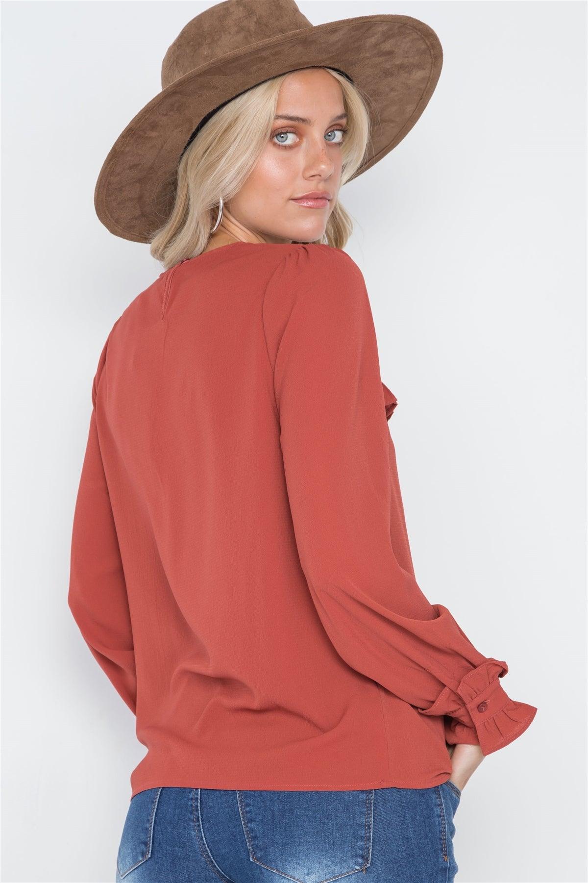 Rust Long Sleeve Ruffle Detail Solid Top /2-2-2