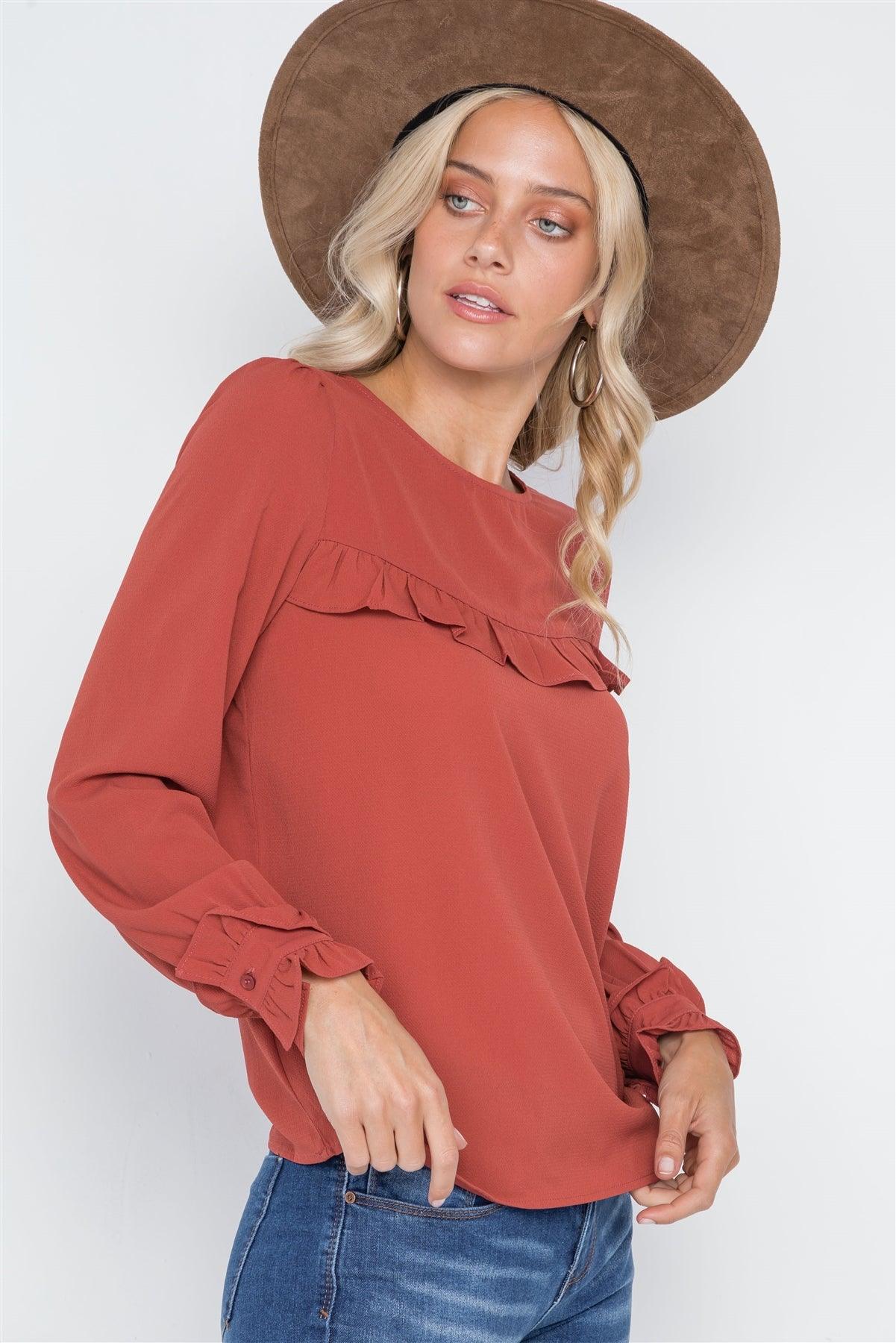 Rust Long Sleeve Ruffle Detail Solid Top /2-2-2