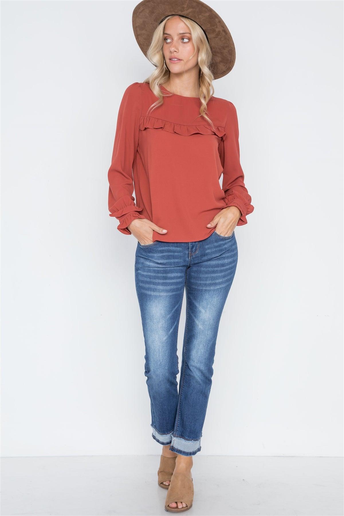 Rust Long Sleeve Ruffle Detail Solid Top /2-2-2