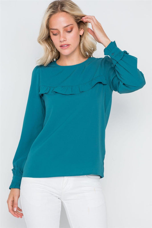 Teal Long Sleeve Ruffle Detail Solid Top /2-2-2