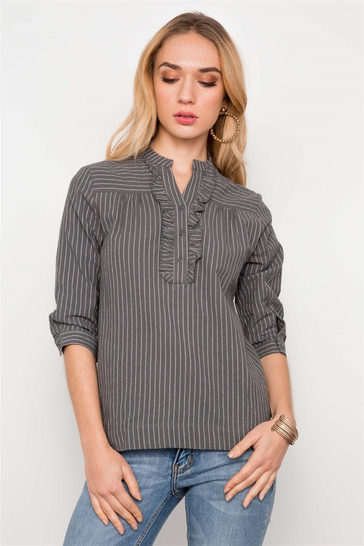 Grey Striped 3/4 Sleeves Boho Top / 2-2-2