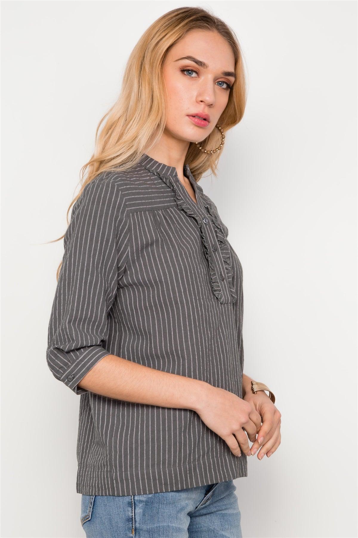 Grey Striped 3/4 Sleeves Boho Top / 2-2-2