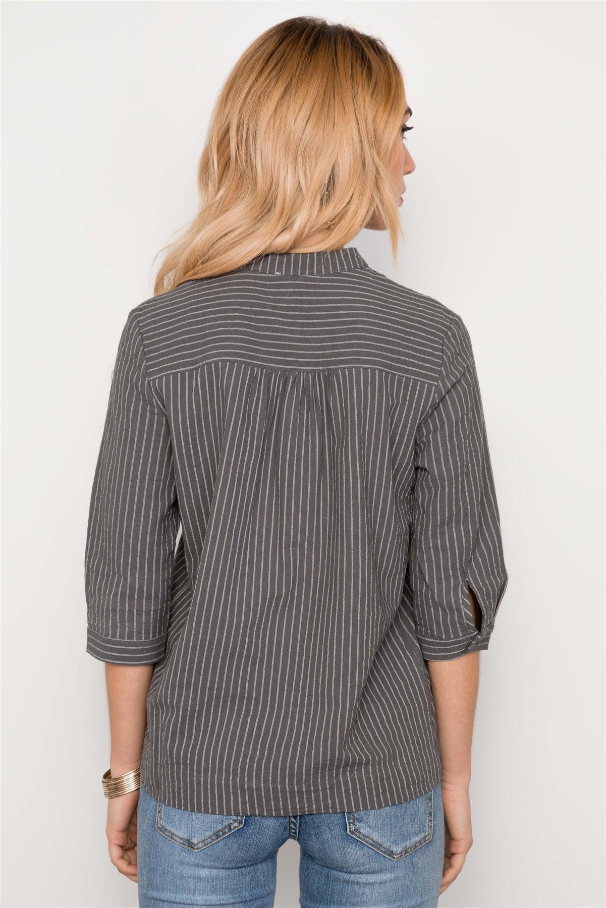 Grey Striped 3/4 Sleeves Boho Top / 2-2-2