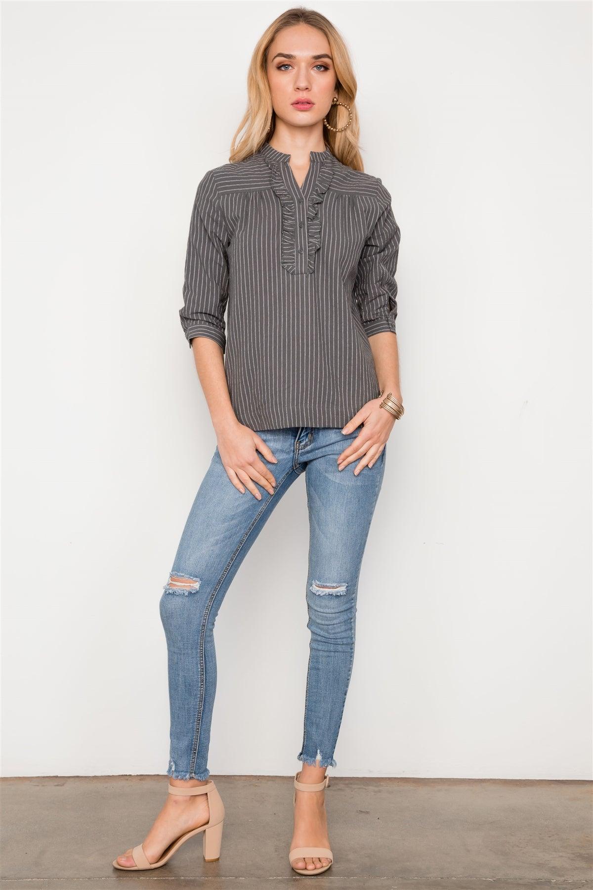 Grey Striped 3/4 Sleeves Boho Top / 2-2-2