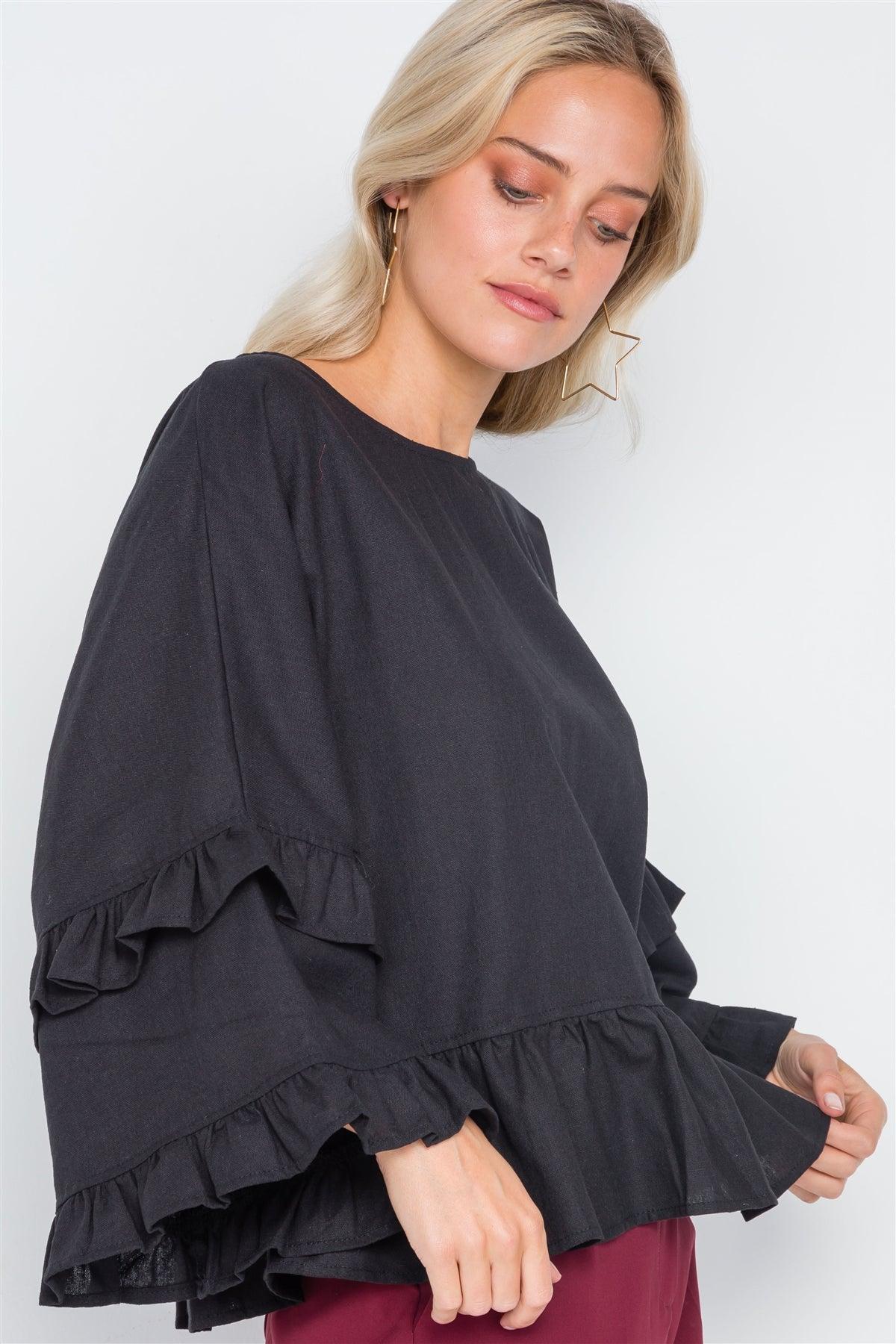 Black Bell Sleeve Ruffle Scoop Neck Boho Top /2-2-2