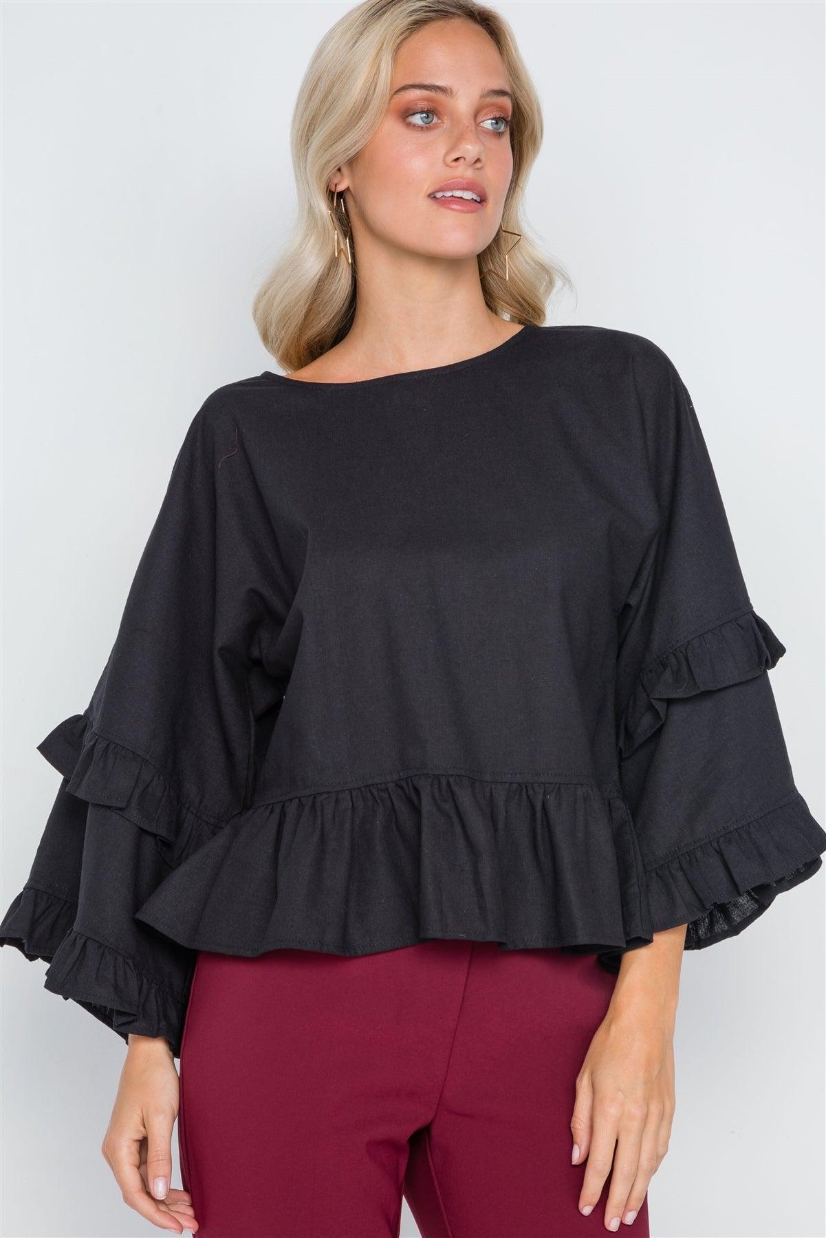 Black Bell Sleeve Ruffle Scoop Neck Boho Top /2-2-2