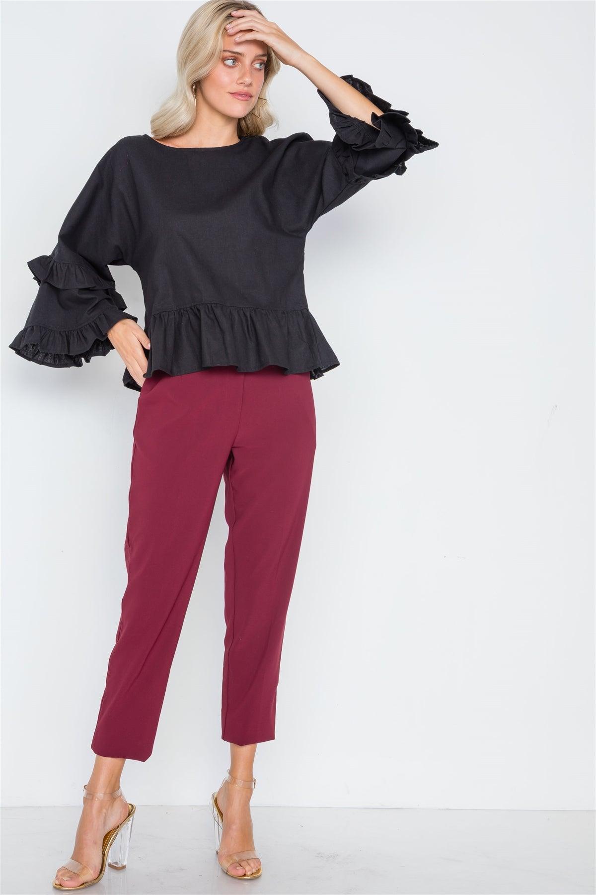 Black Bell Sleeve Ruffle Scoop Neck Boho Top /2-2-2