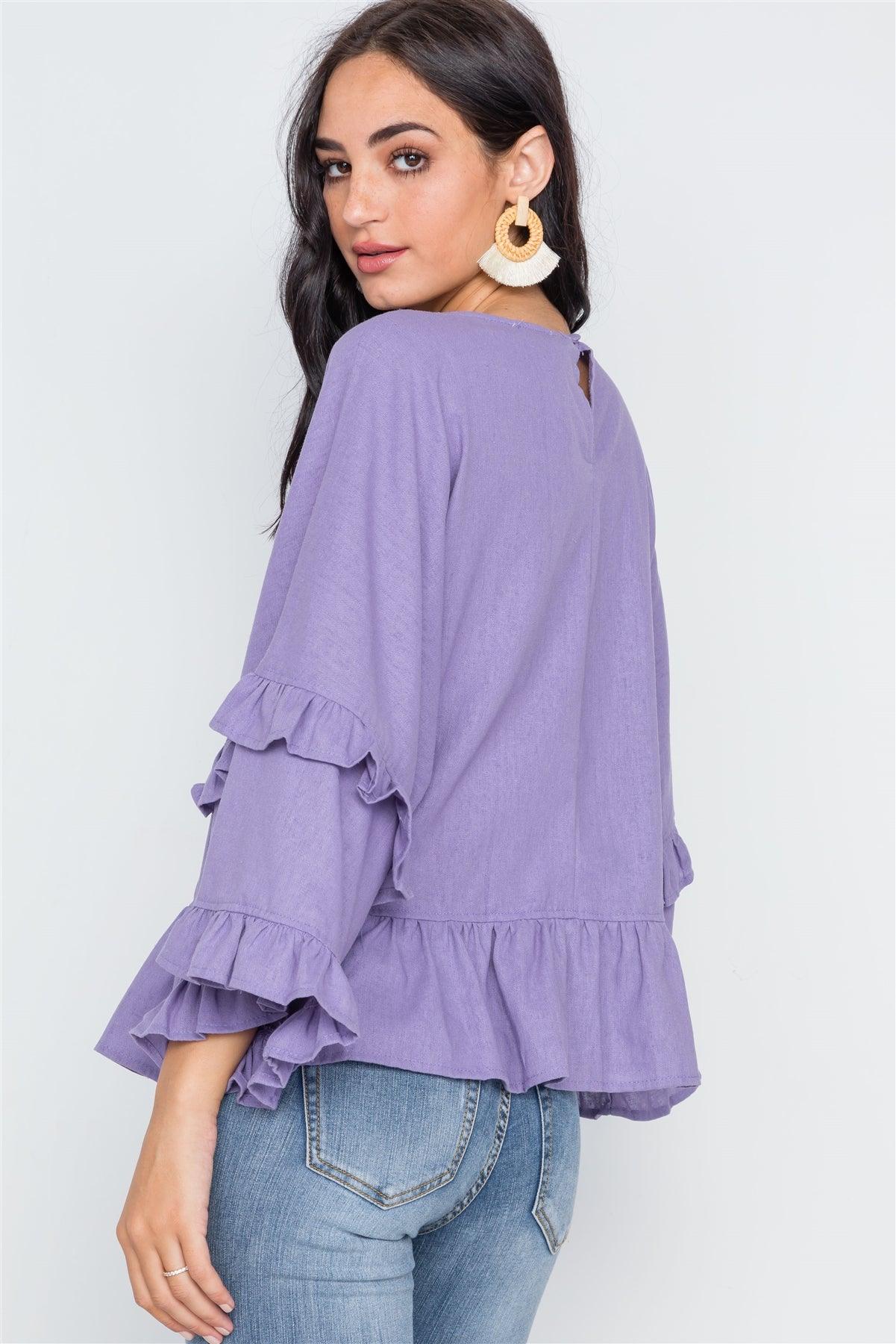 Lilac Bell Sleeve Ruffle Scoop Neck Boho Top /2-2-2