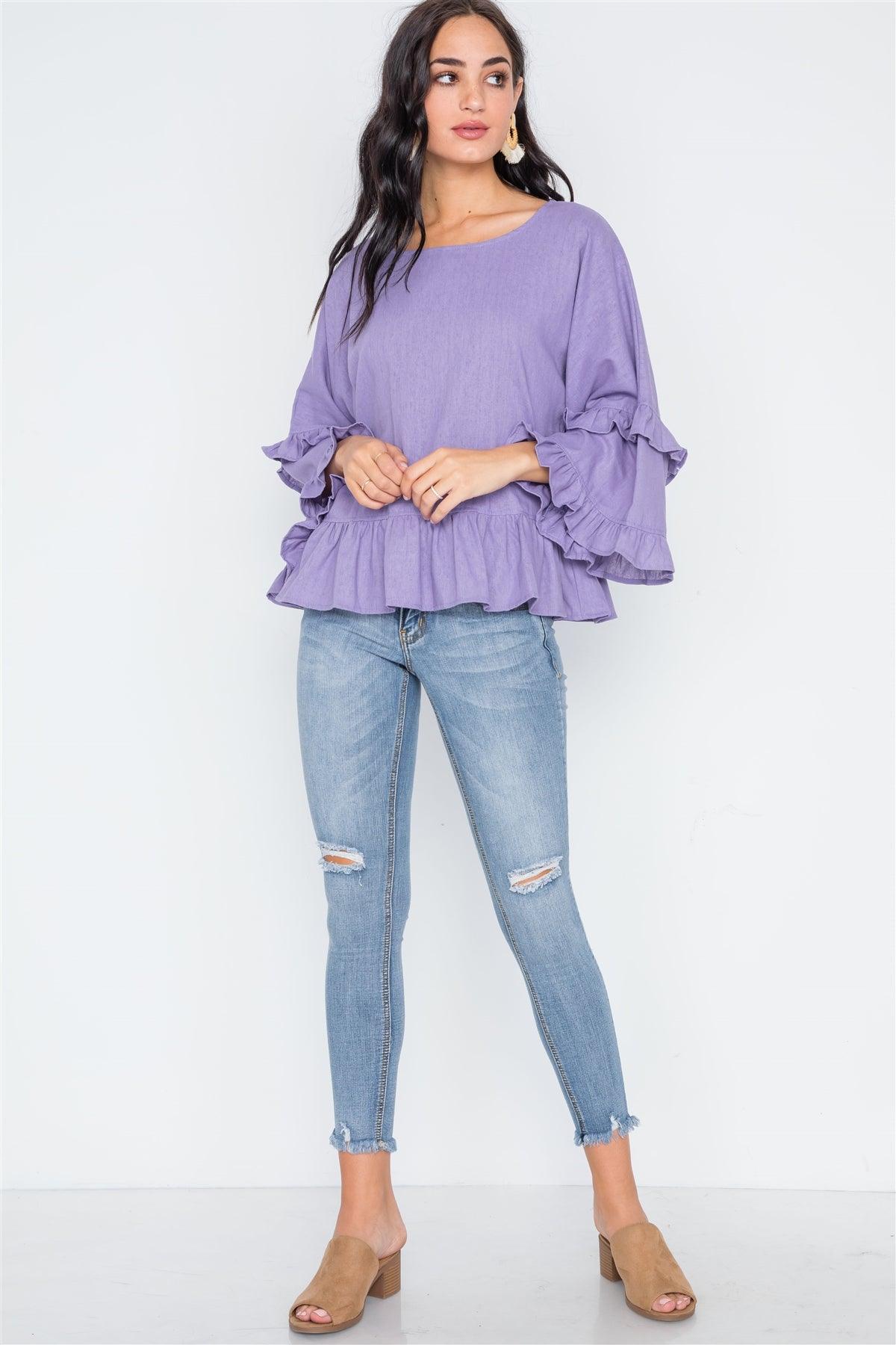 Lilac Bell Sleeve Ruffle Scoop Neck Boho Top /2-2-2