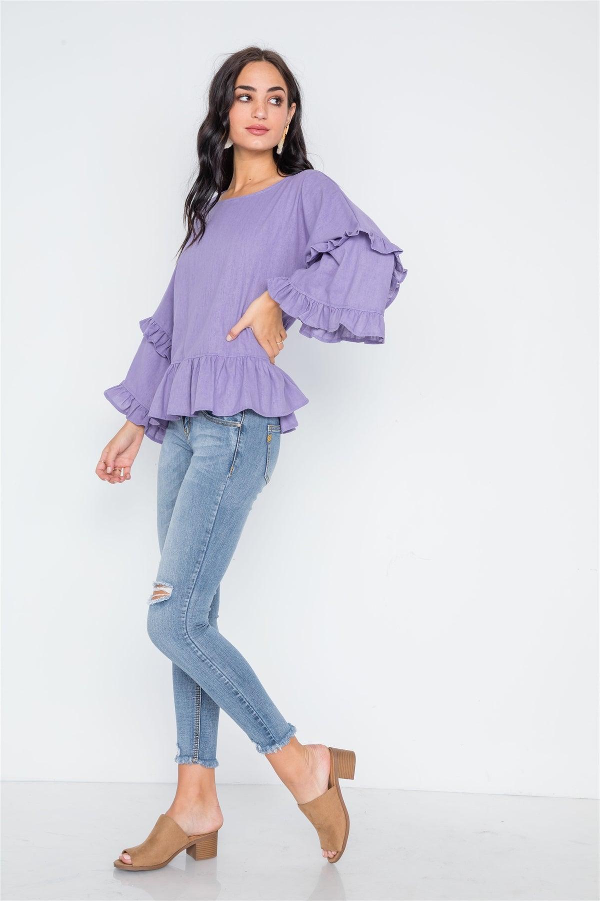 Lilac Bell Sleeve Ruffle Scoop Neck Boho Top /2-2-2