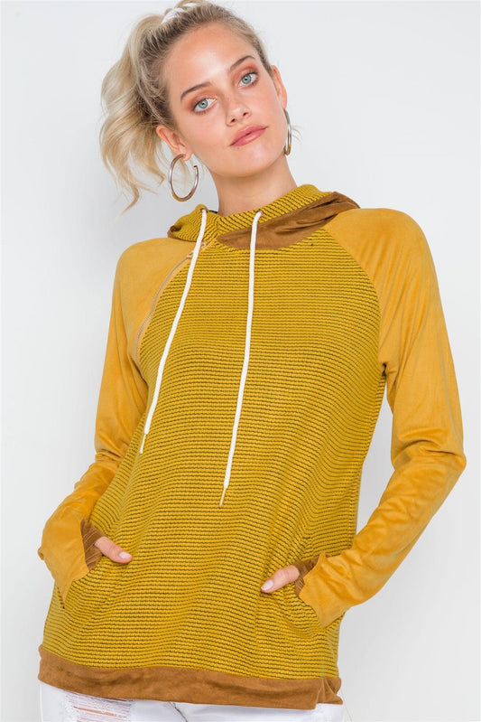 Mustard Combo Faux Suede Long Sleeve Hoodie /2-2-2