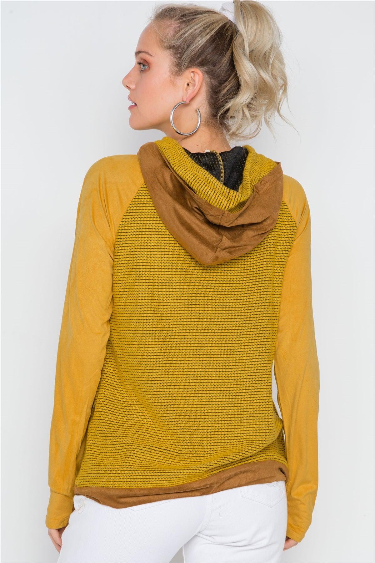 Mustard Combo Faux Suede Long Sleeve Hoodie /2-2-2