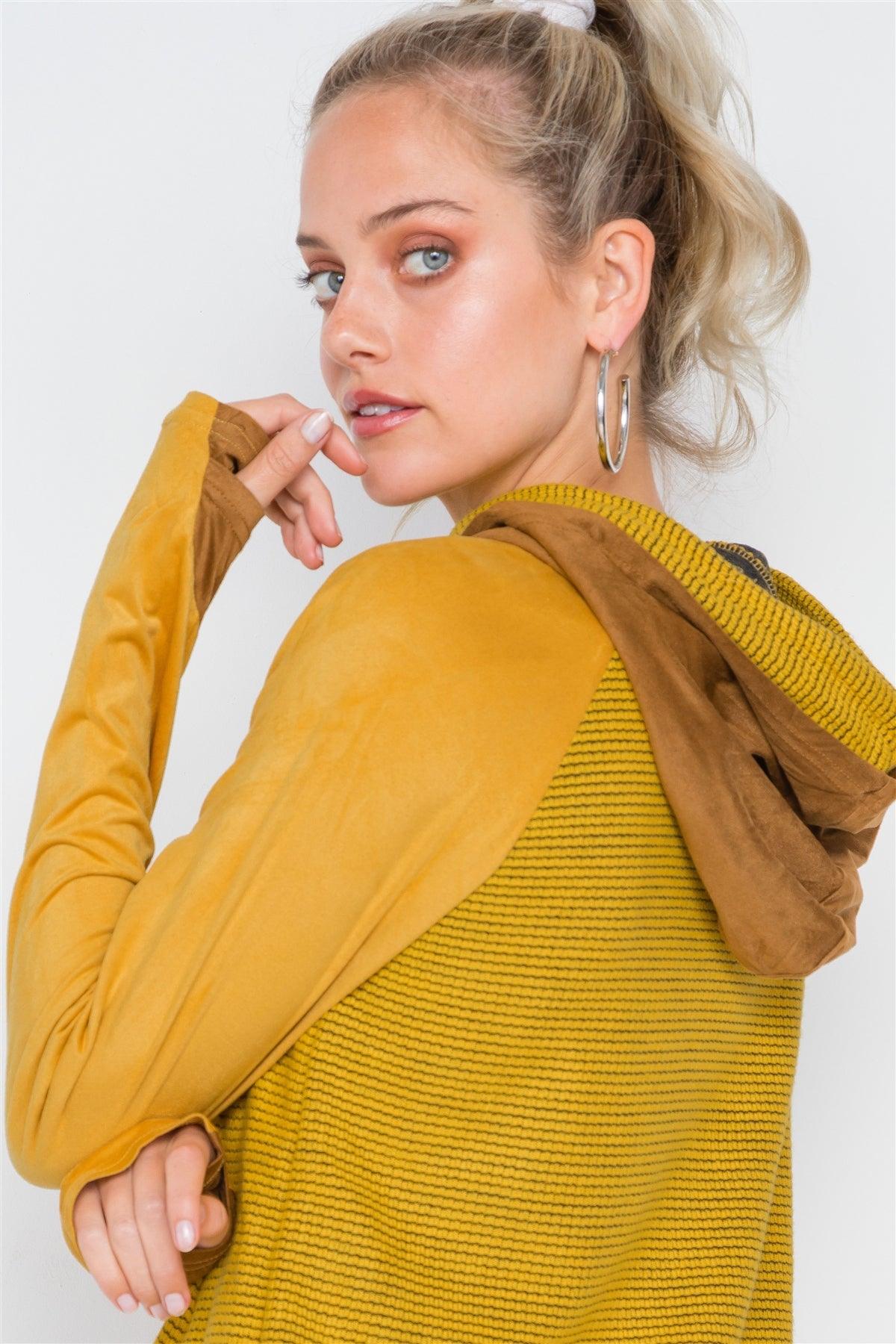 Mustard Combo Faux Suede Long Sleeve Hoodie /2-2-2