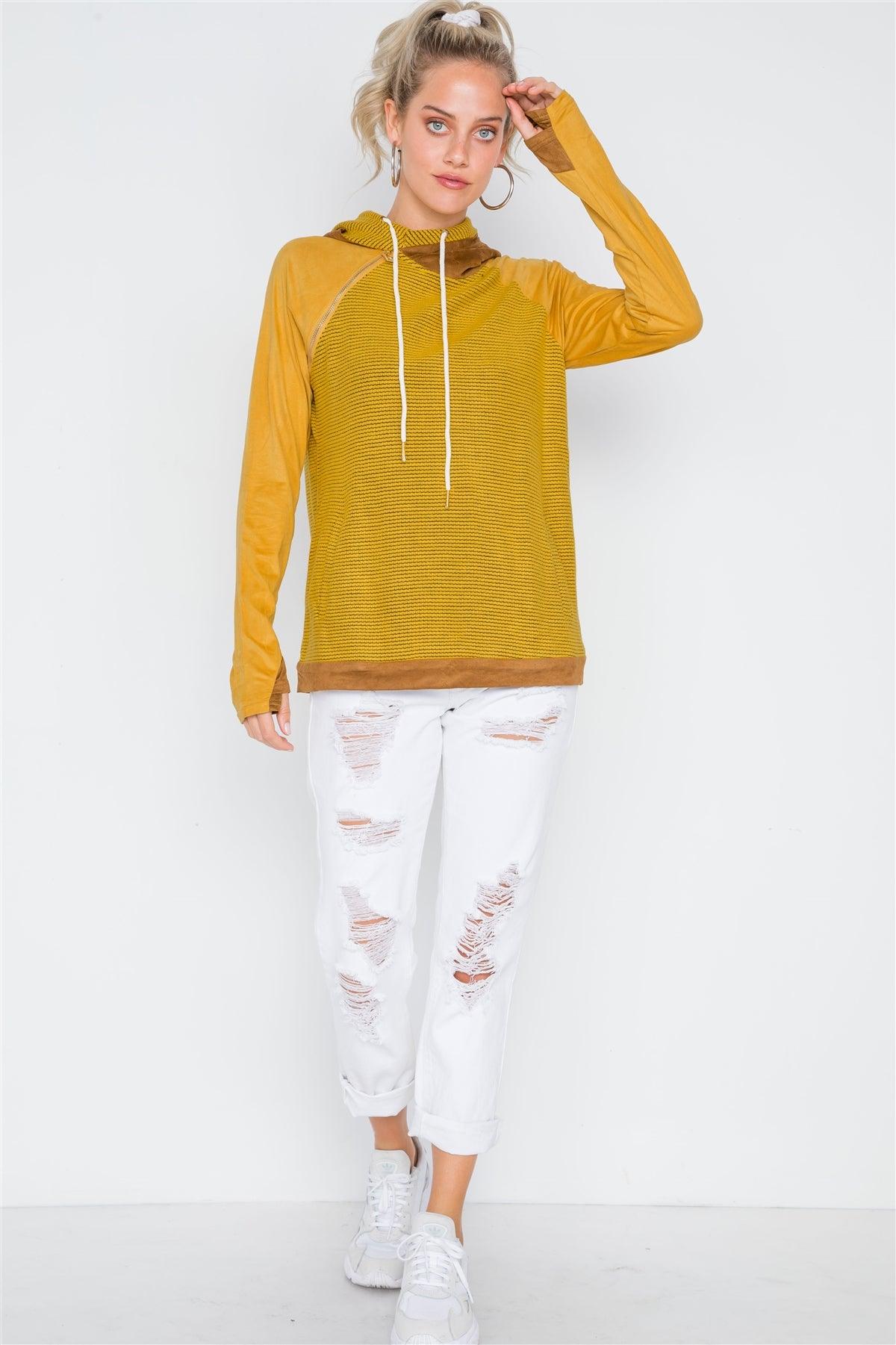 Mustard Combo Faux Suede Long Sleeve Hoodie /2-2-2