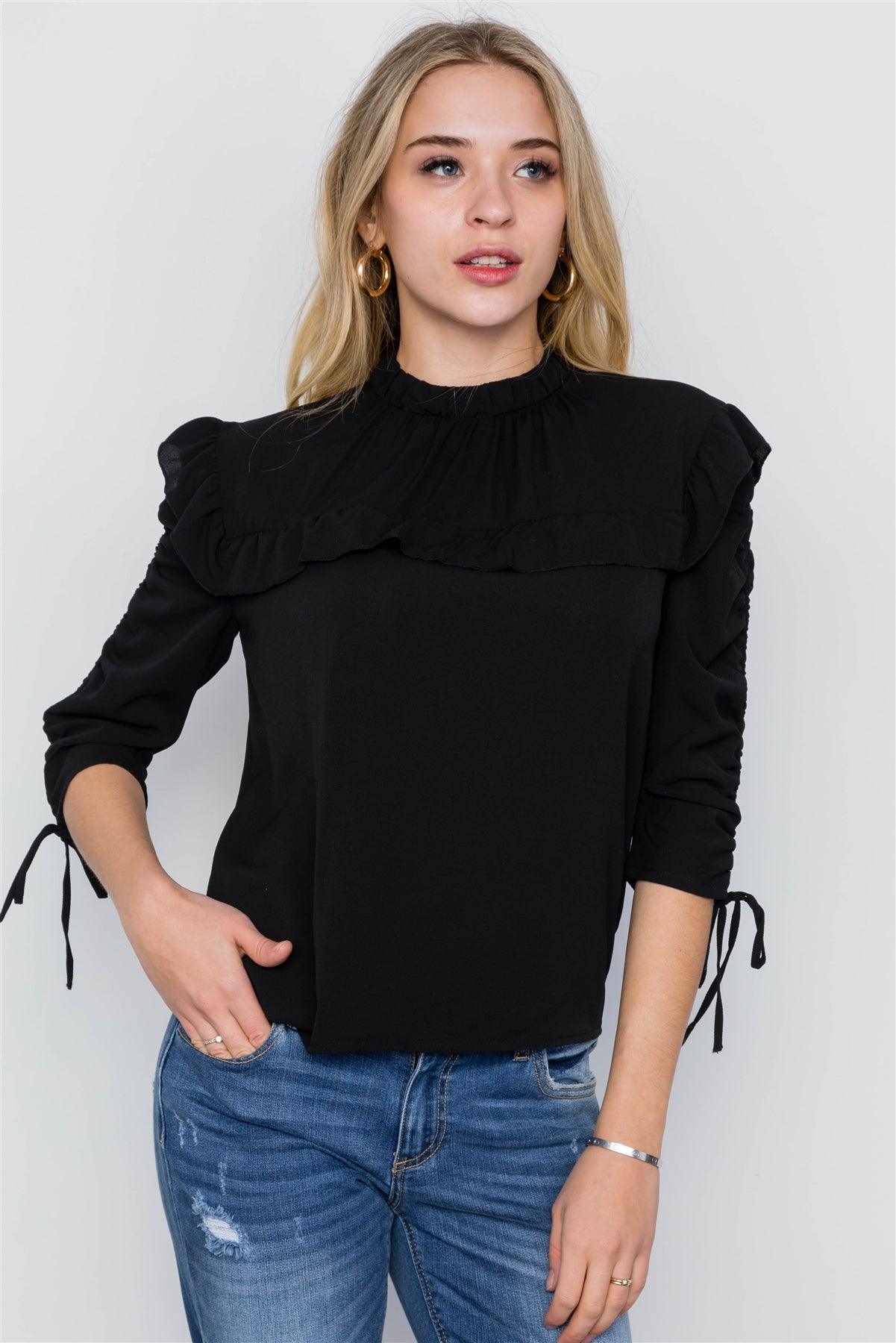 Black 3/4 Sleeve Ruffle Detail Boho Top / 2-2-2