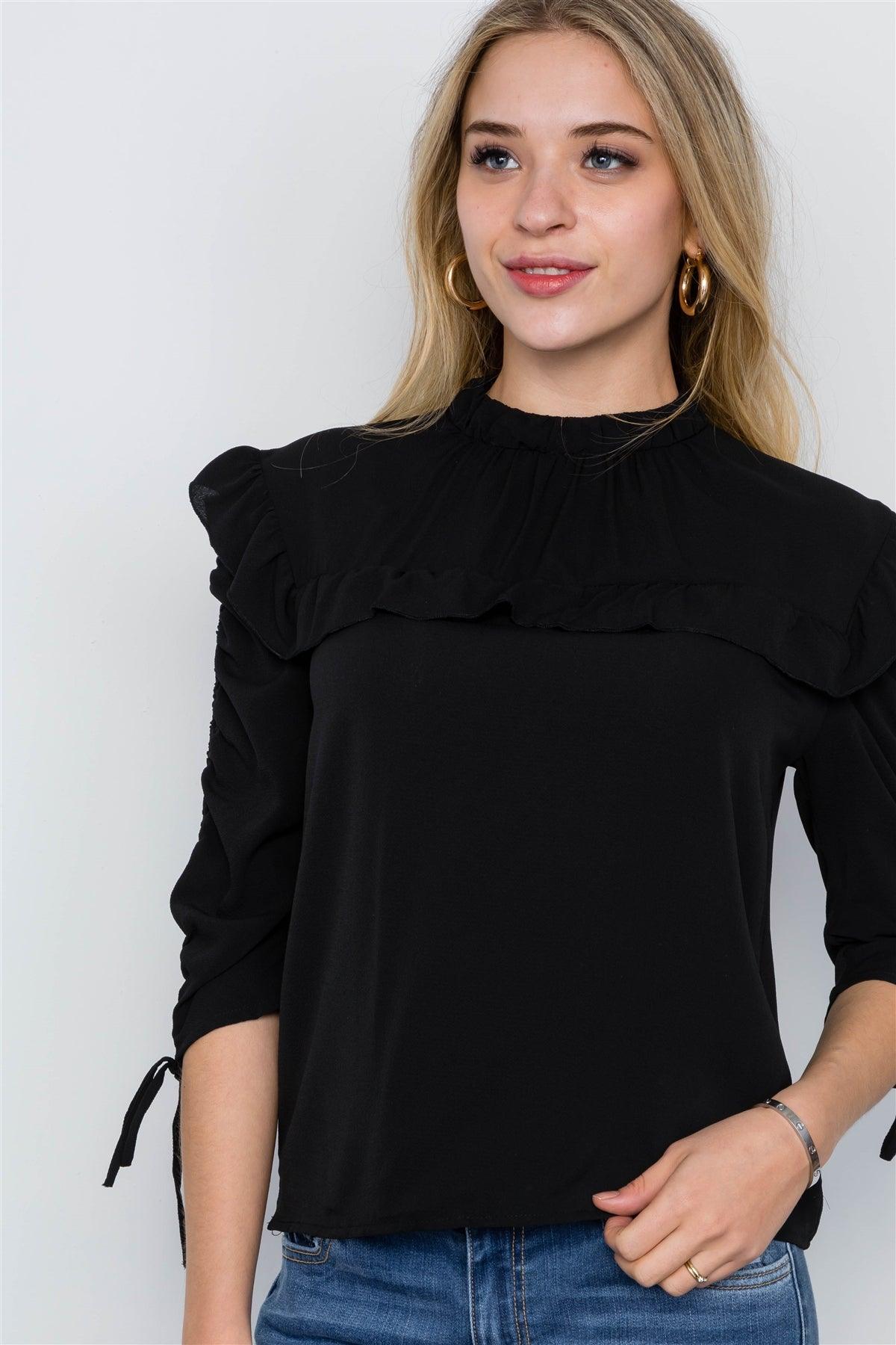 Black 3/4 Sleeve Ruffle Detail Boho Top / 2-2-2