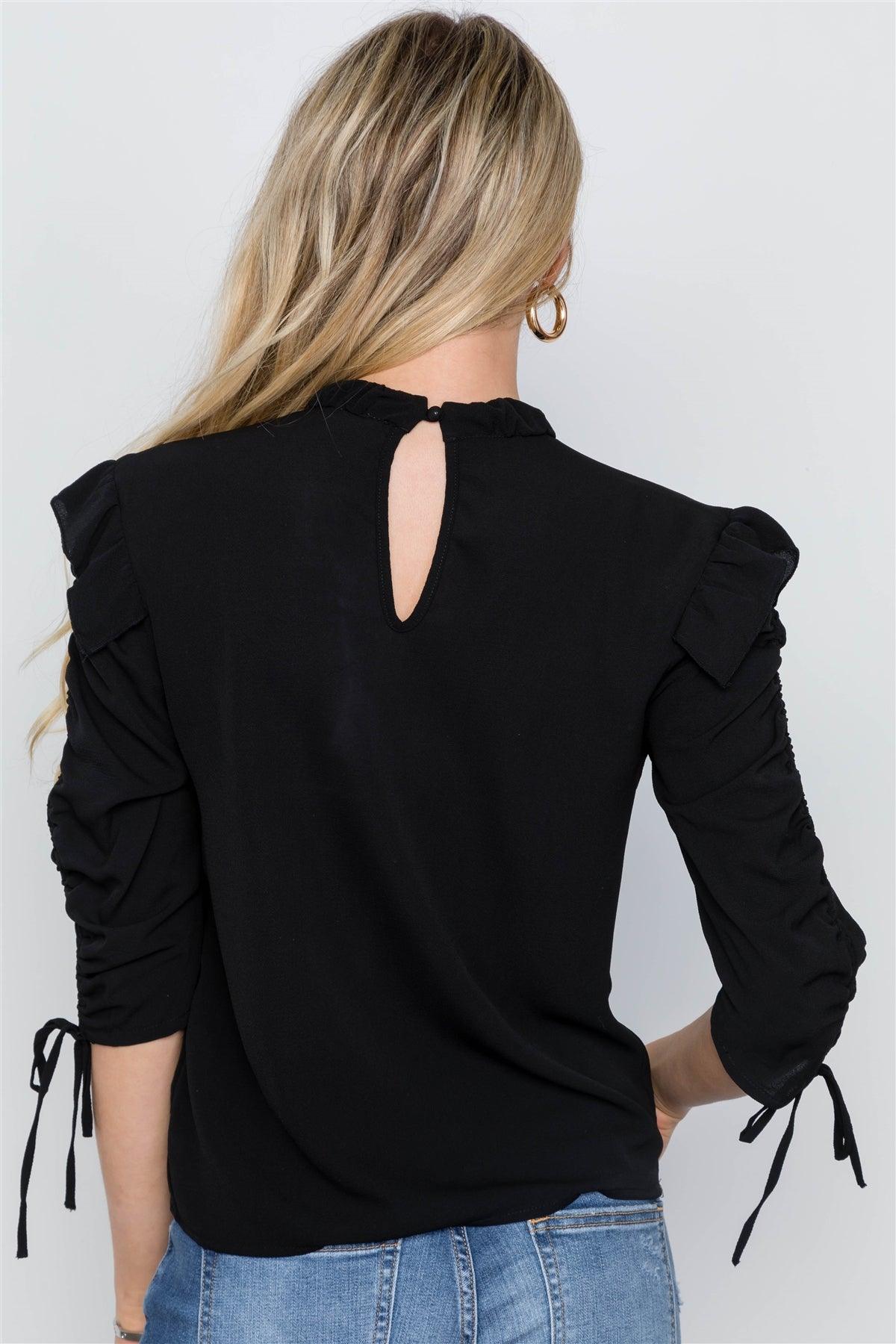 Black 3/4 Sleeve Ruffle Detail Boho Top / 2-2-2