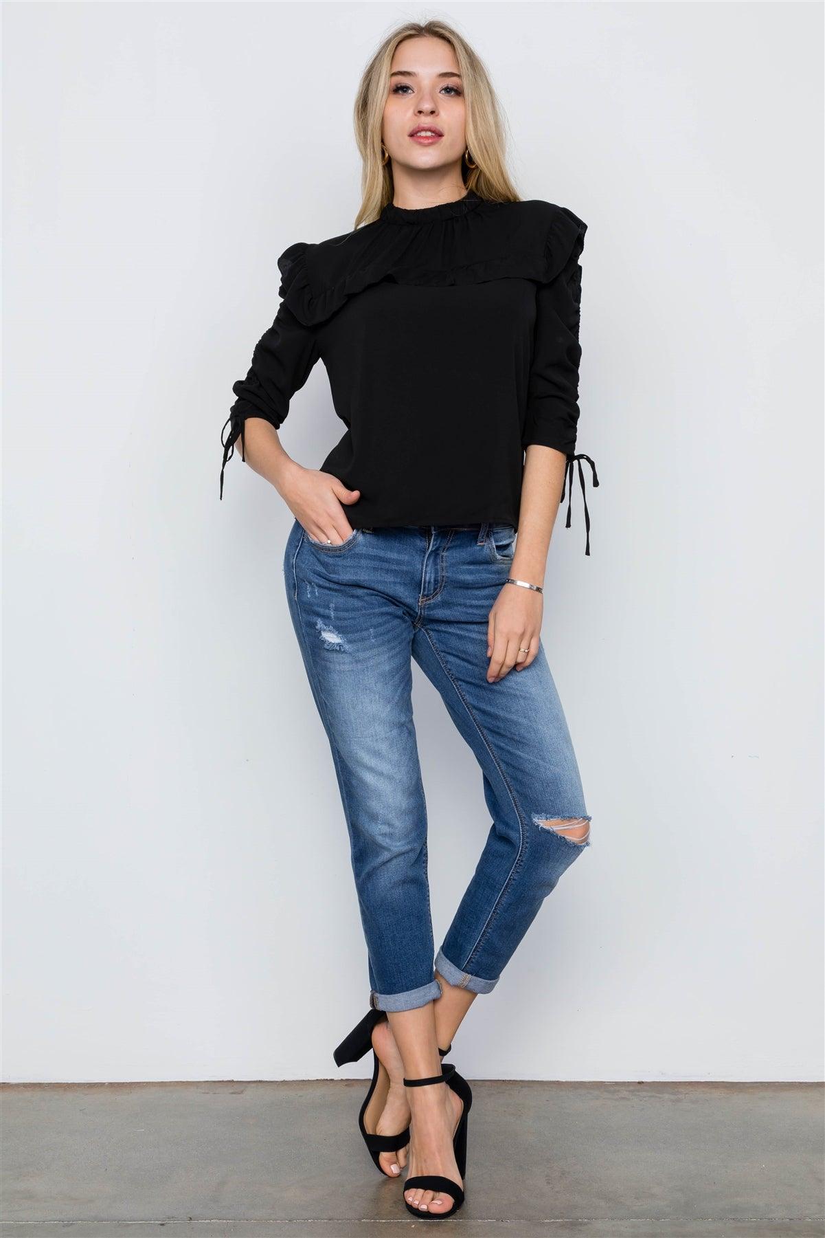 Black 3/4 Sleeve Ruffle Detail Boho Top / 2-2-2