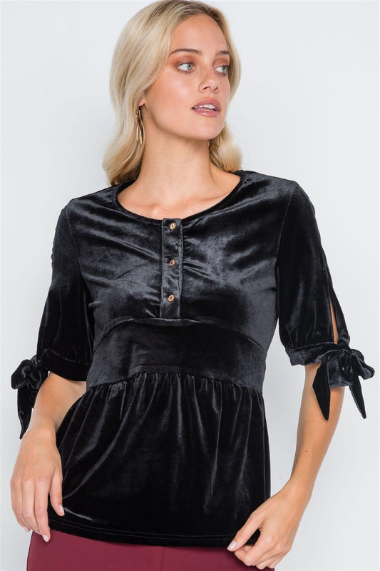 Black Velvet 3/4 Sleeve Shirred Top /2-2-2