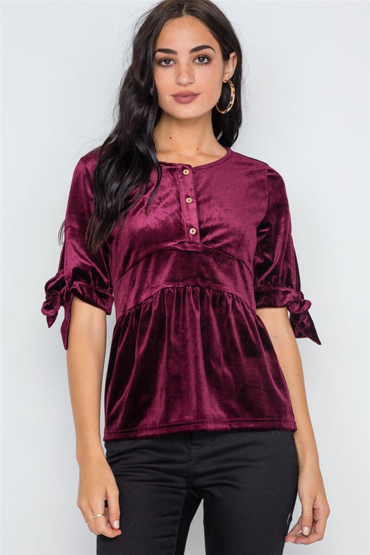 Burgundy Velvet 3/4 Sleeve Shirred Top /2-2-2