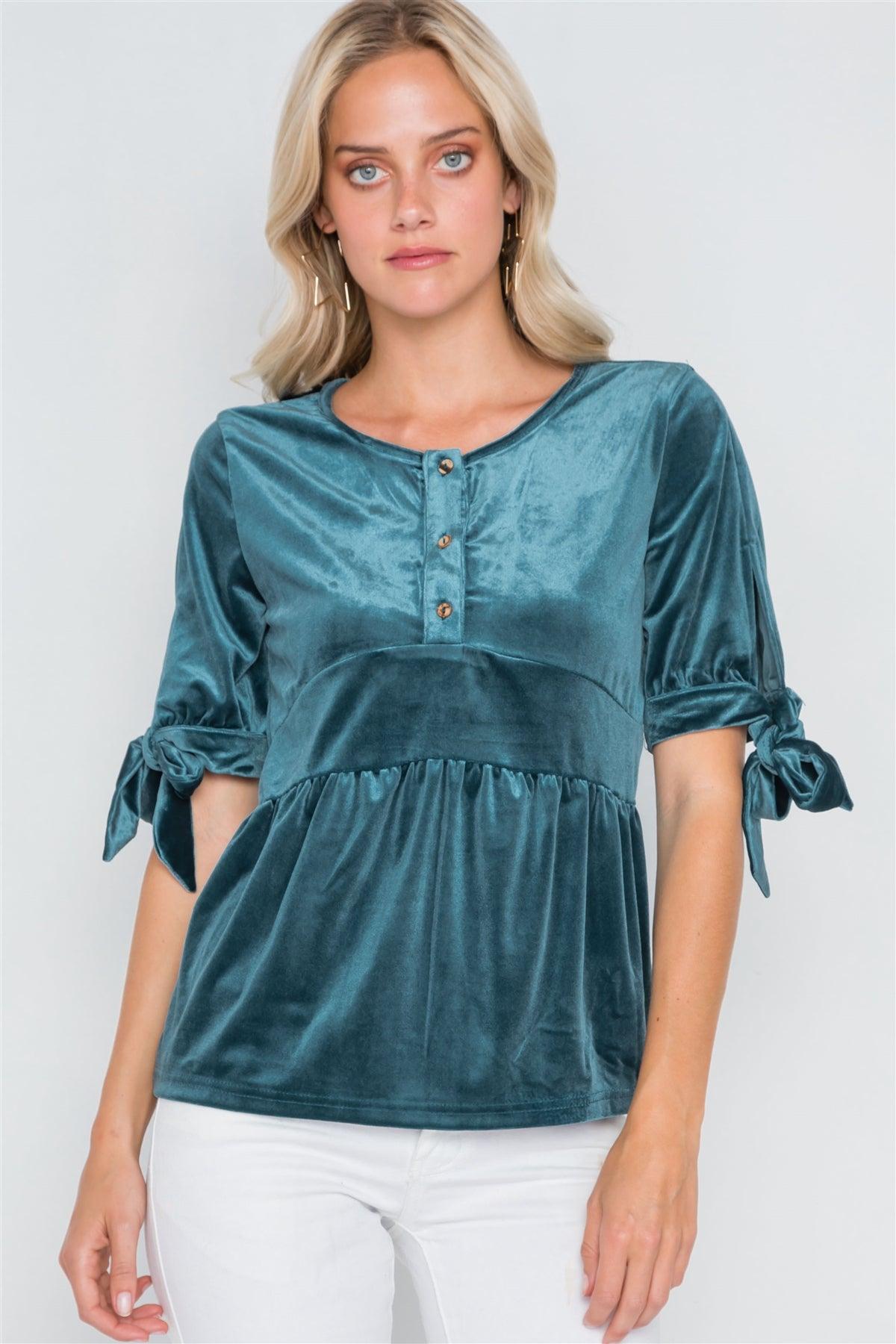 Teal Velvet 3/4 Sleeve Shirred Top