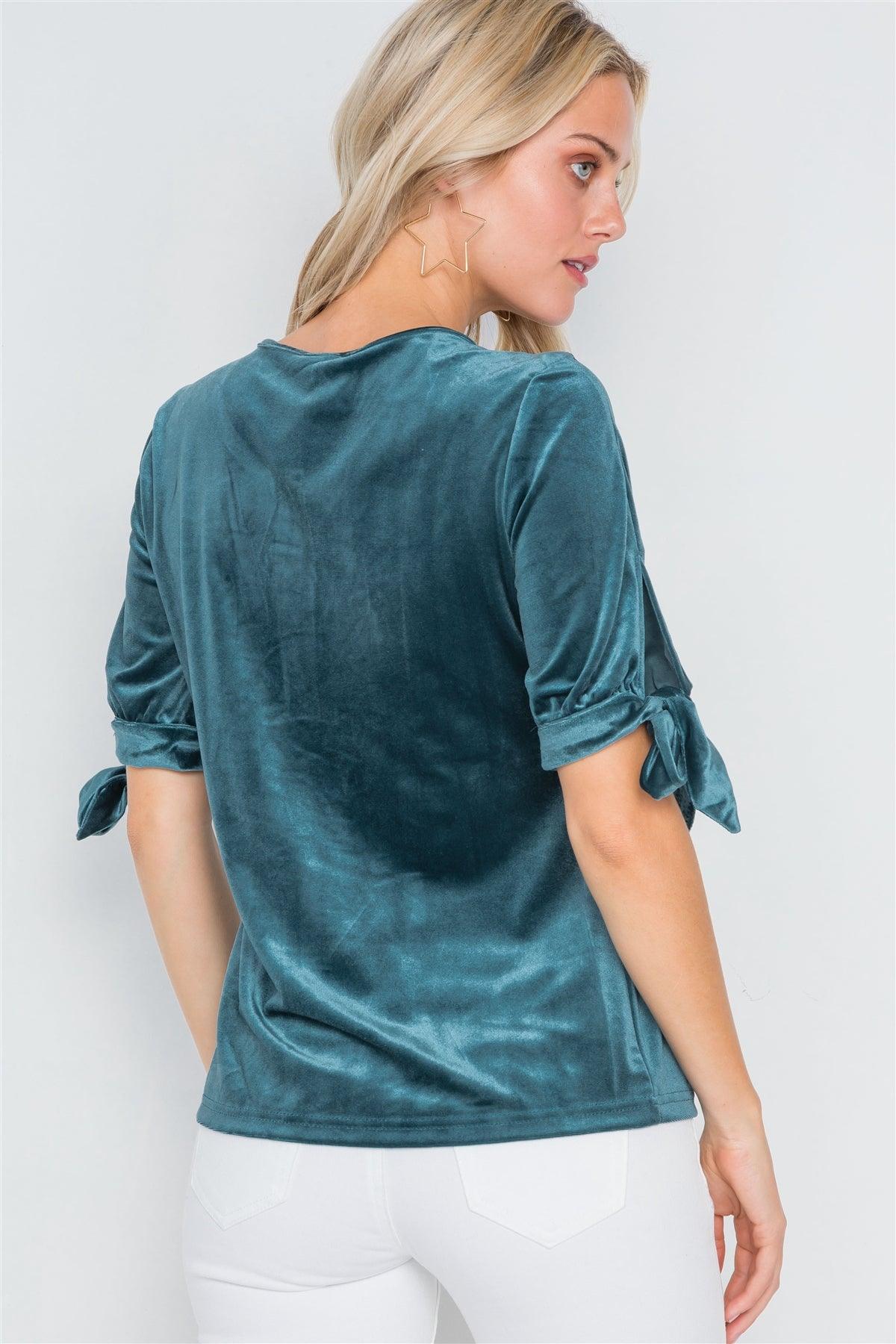 Teal Velvet 3/4 Sleeve Shirred Top /2-2-2