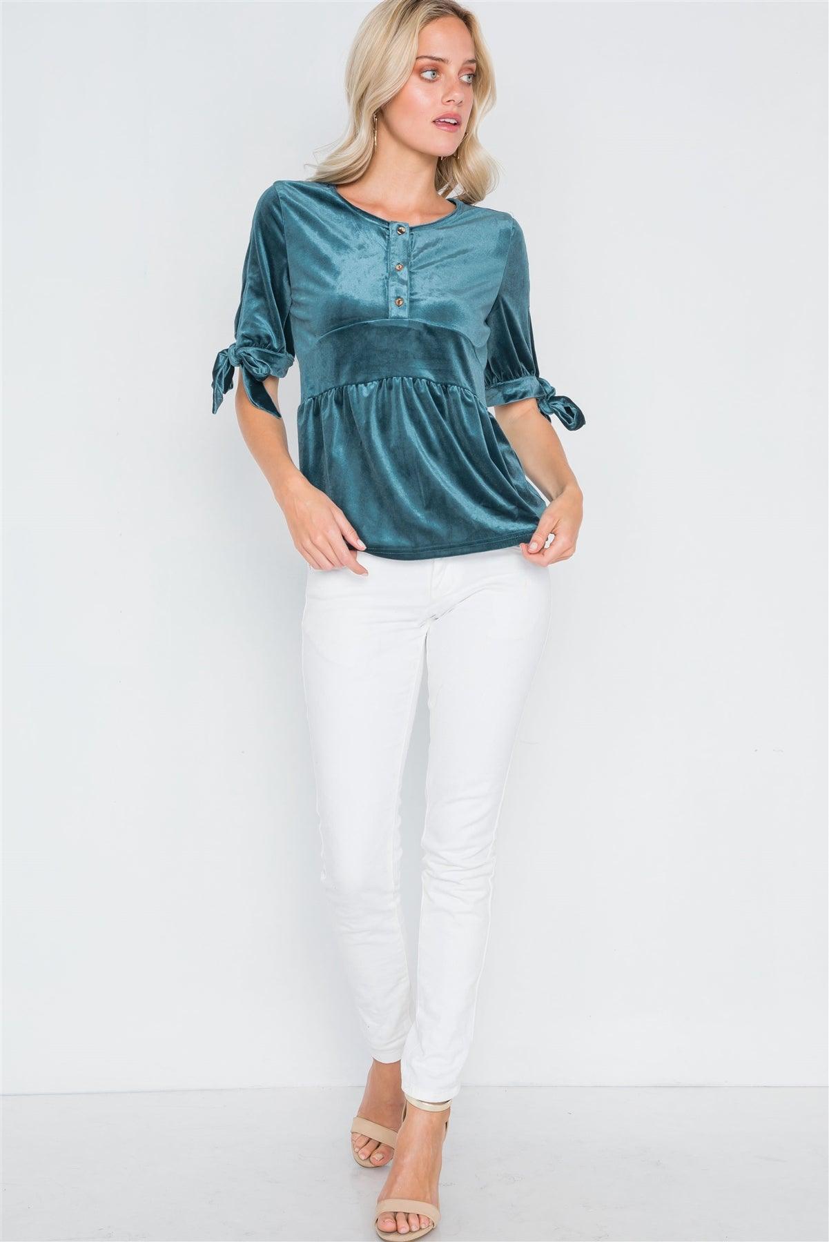 Teal Velvet 3/4 Sleeve Shirred Top /2-2-2