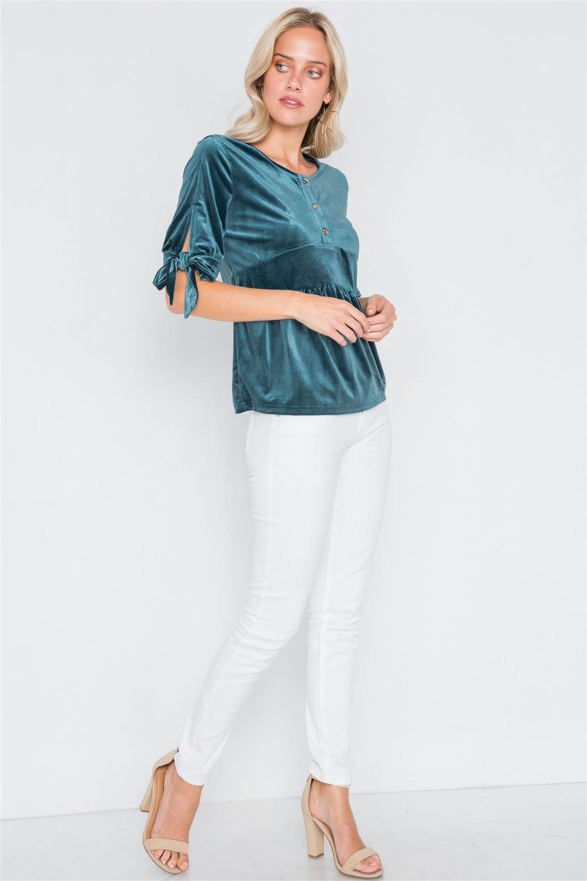 Teal Velvet 3/4 Sleeve Shirred Top /2-2-2