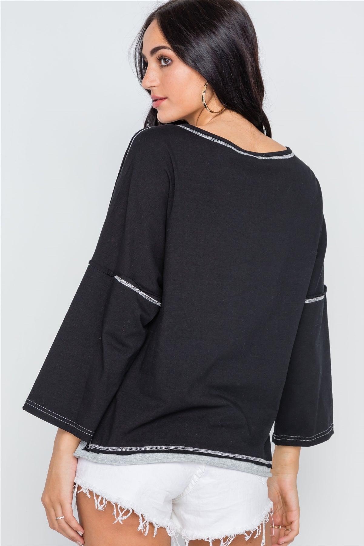 Black Grey Raw-Cut Loose Fit Tee Top /2-2-2