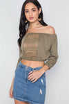 Olive Boho Crochet Off-The -Shoulder 3/4 Sleeve Knit Crop Top /2-2-2