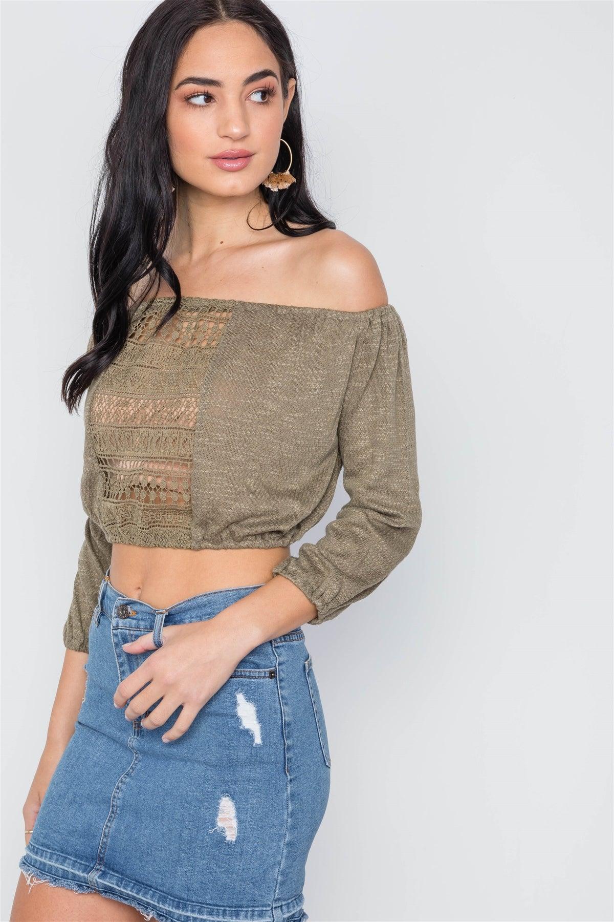 Olive Boho Crochet Off-The -Shoulder 3/4 Sleeve Knit Crop Top /2-2-2